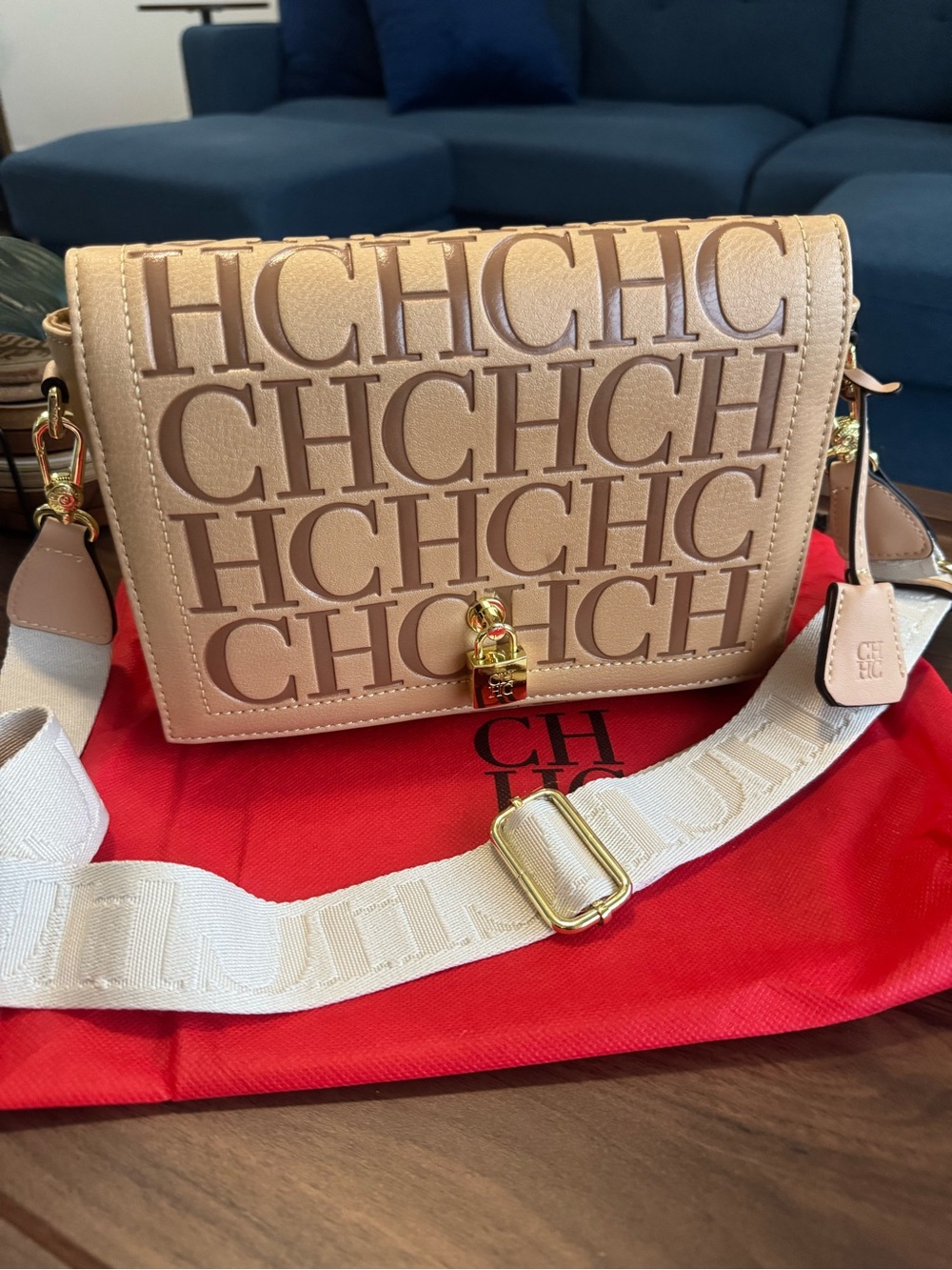 Carolina Herrera Beige Embossed CH Logo Crossbody with Gold Hardware